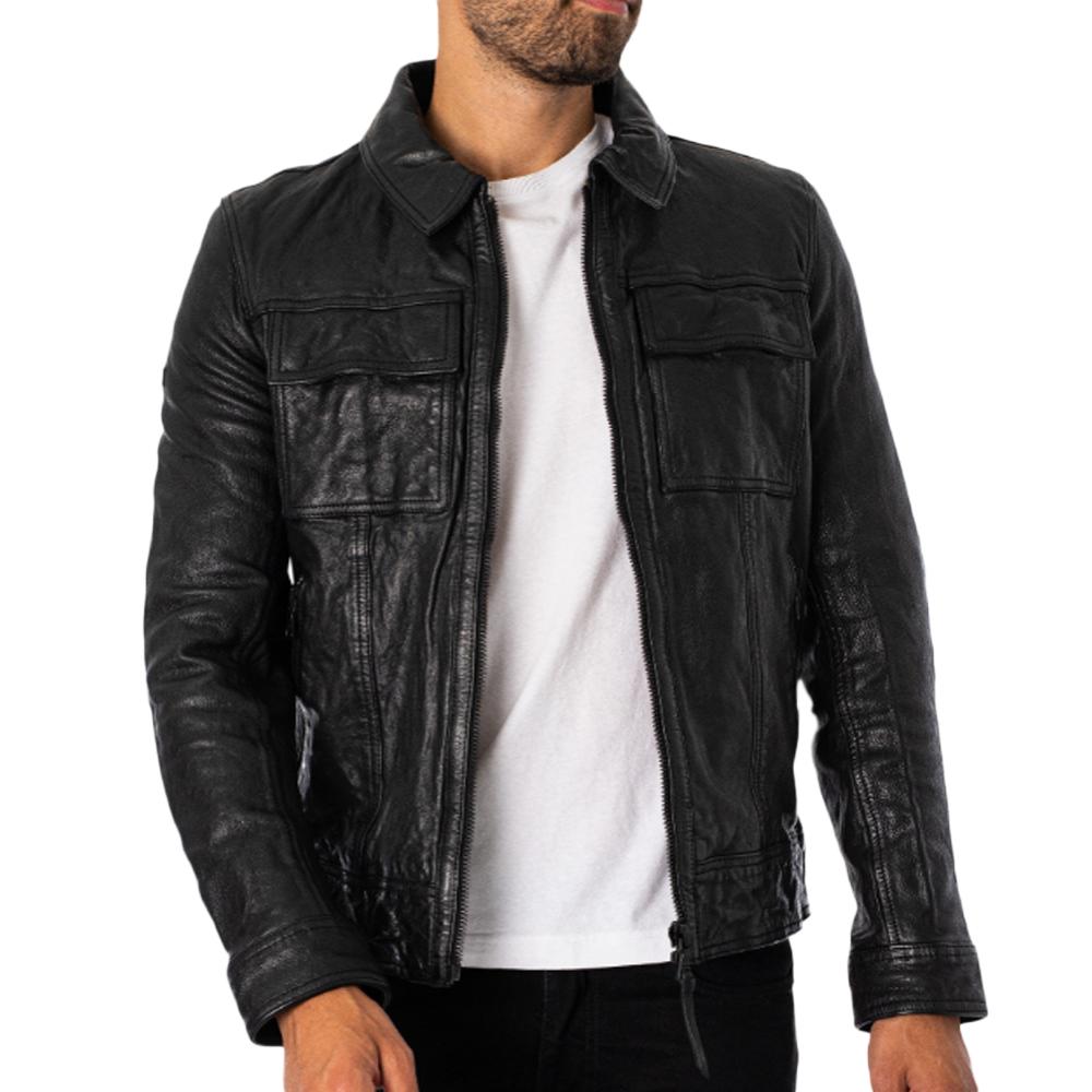 Veste en Cuir Noir Homme Seventies SUPERDRY Leather pas cher