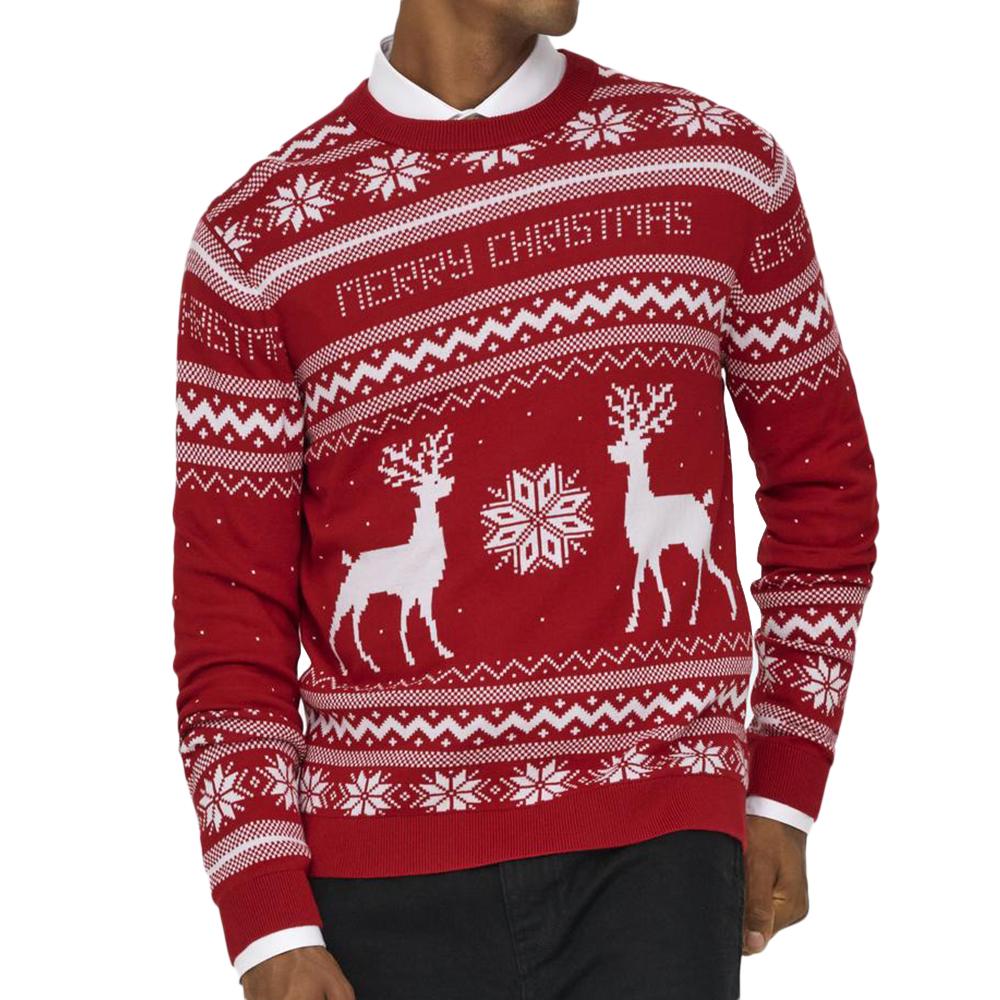 Pull de Noël Rouge/Blanc Homme Only & Sons Xmas pas cher