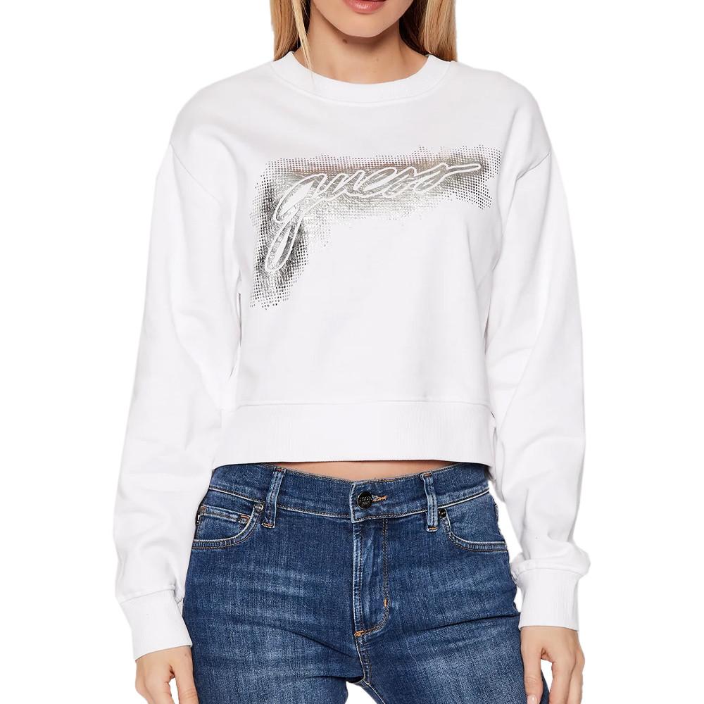 Sweat Blanc Femme Guess Logo Crop pas cher