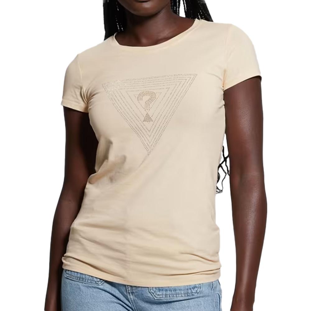 T-shirt Beige Femme Guess Triangle Maze R3 pas cher