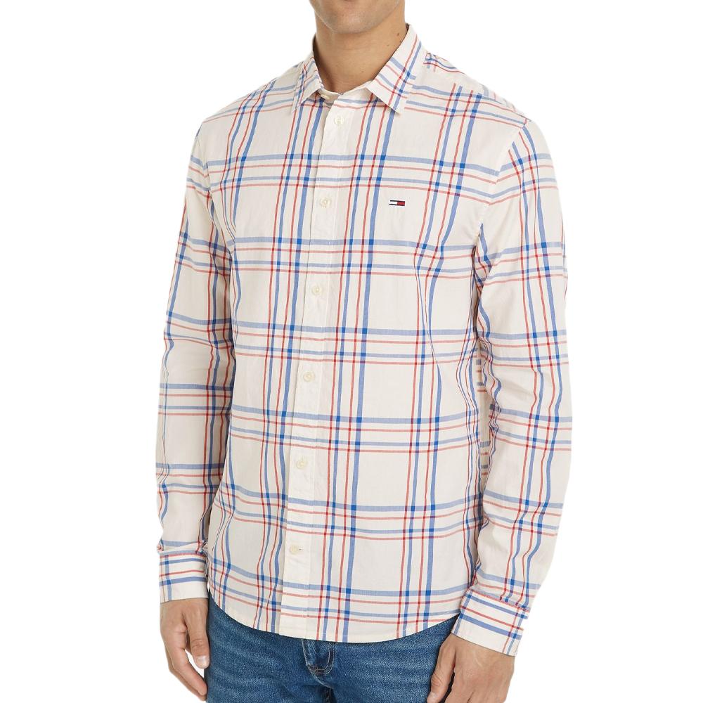 Chemise Manches Longues Écru Homme Tommy Hilfiger Poplin Check pas cher