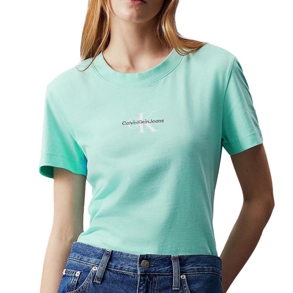 T-shirt Bleu Femme Calvin Klein Jeans Monologo Slim pas cher