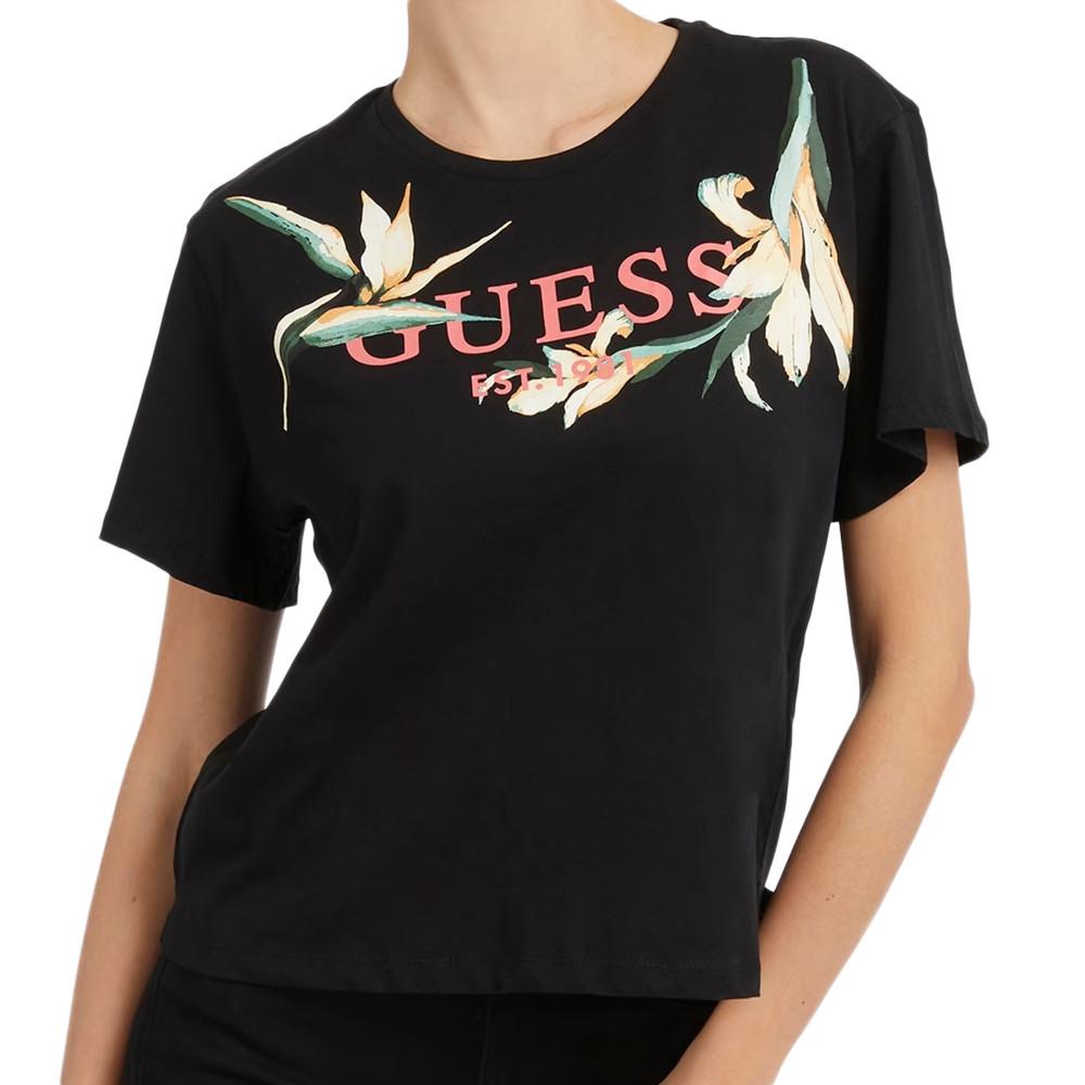 T-shirt Noir Femme Guess Kwiatowy pas cher