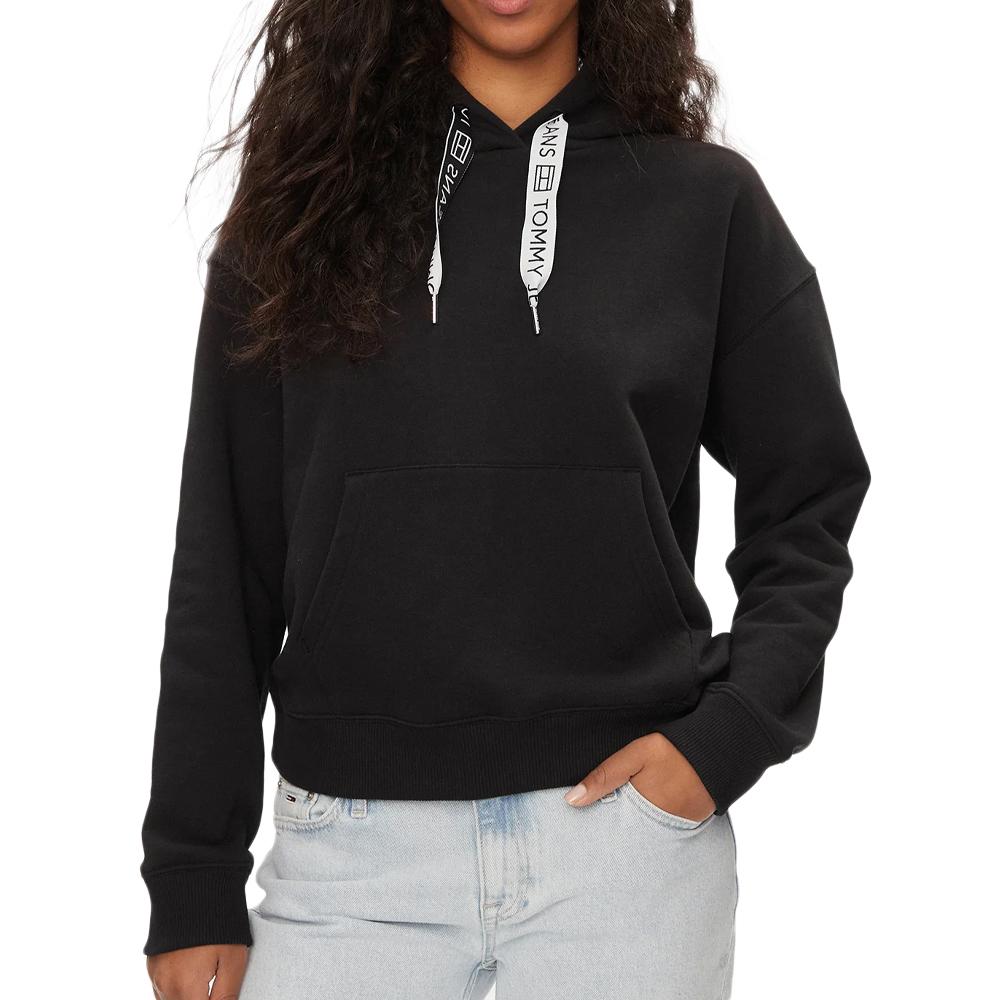 Sweat à Capuche Noir Femme Tommy Hilfiger Logo Drawcor pas cher